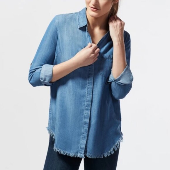 Beachlunchlounge Blue Chambray Raw Hem Button Down Split Back Shirt - Picture 1 of 8